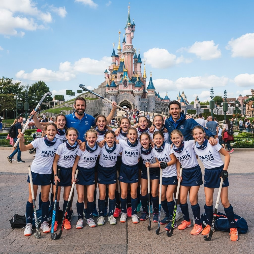 Equipo frente al castillo en Disneyland Paris